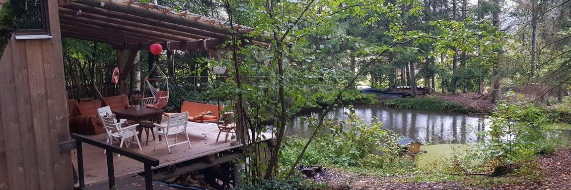 Hütte im Wald mit Teich  