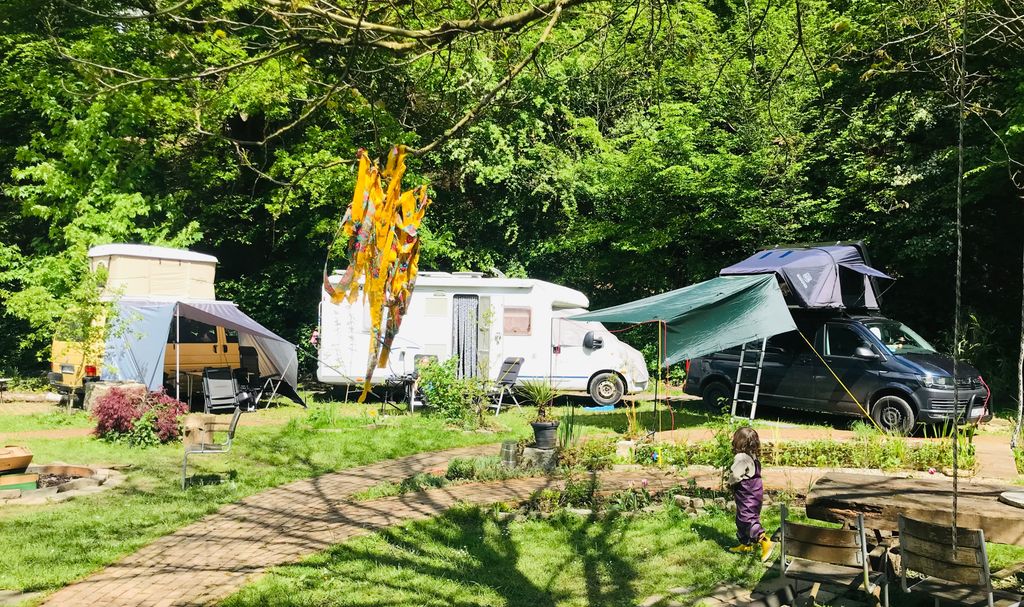 Camping on the meadow right next to the forest with a stream