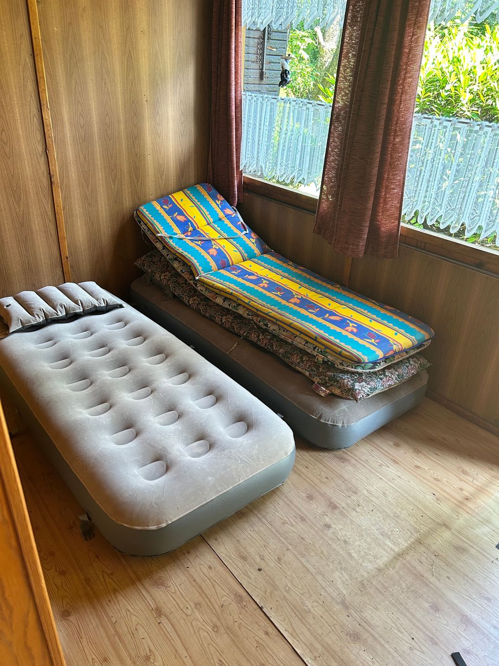 Inside the bungalow with air mattresses!!!