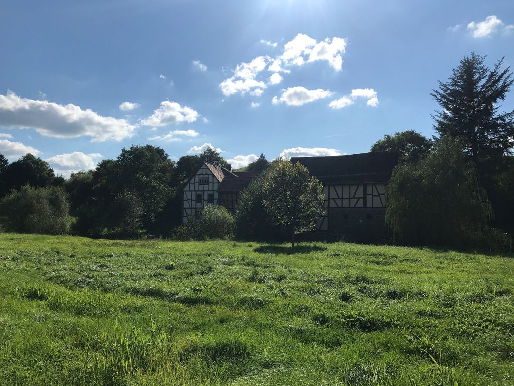 Large meadow between forest and mill in the Taunus