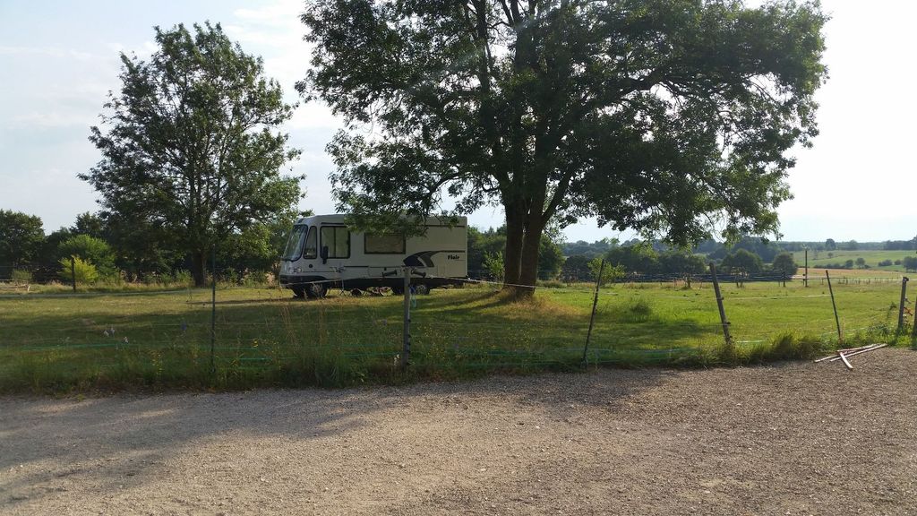 Caravan site with horses in the background