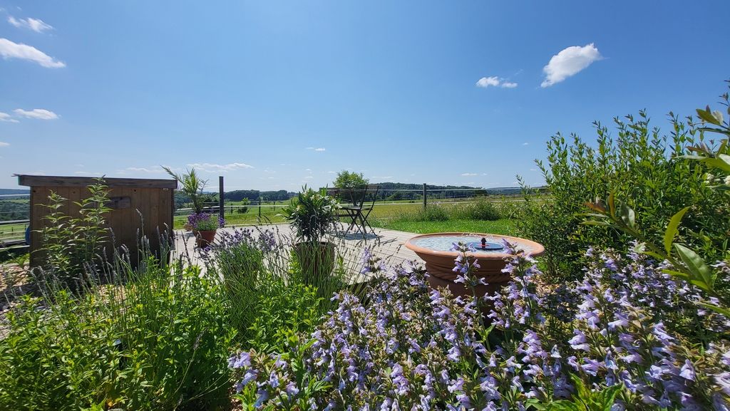 Jardin d'herbes aromatiques avec terrasse et baignoire