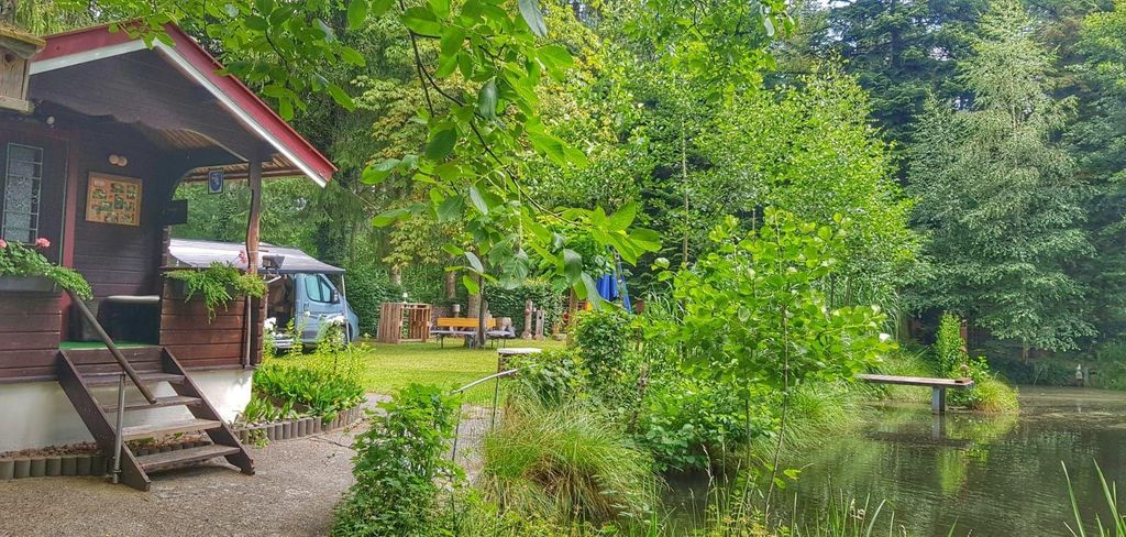 Emplacement individuel de rêve au bord d'un étang avec foyer