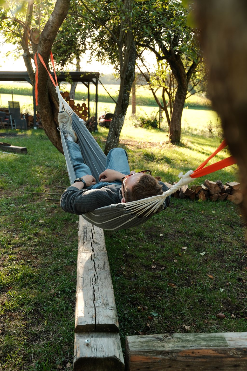 Camping isolé au milieu des arbres fruitiers