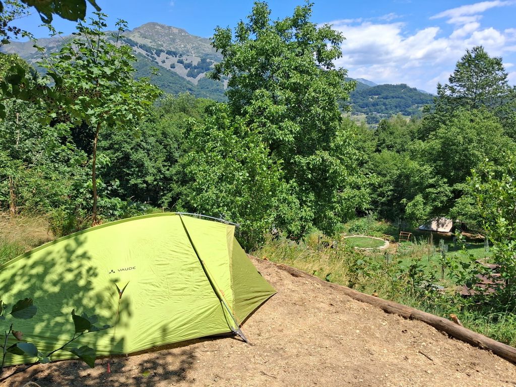 Hidden food forest campsite with mountainview