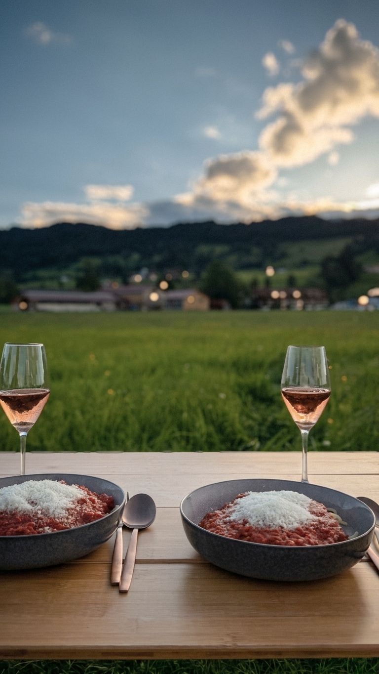 Bergpanorama zwischen Feldern und Wiesenweg