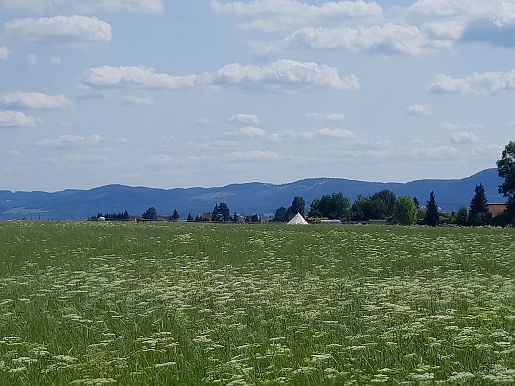 Glockenzelt an der Pferdekoppel mit Gebirgsblick
