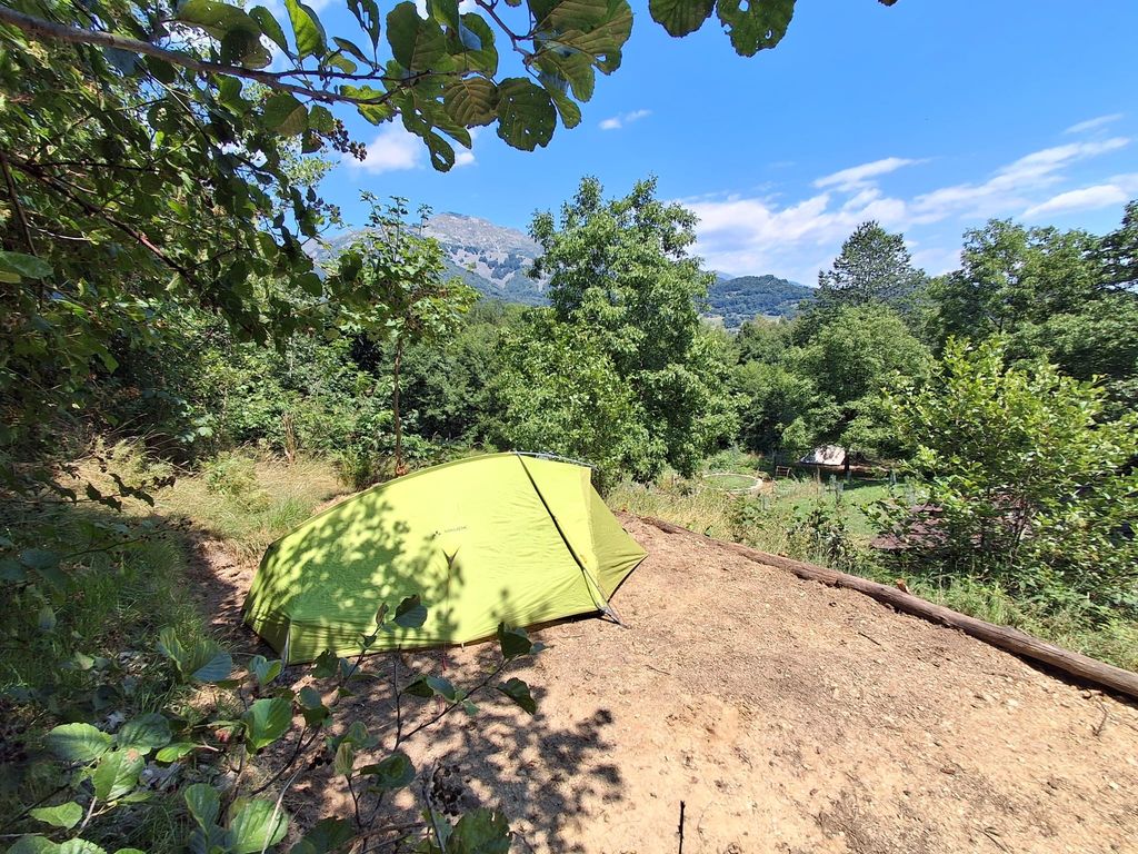 Hidden food forest campsite with mountainview