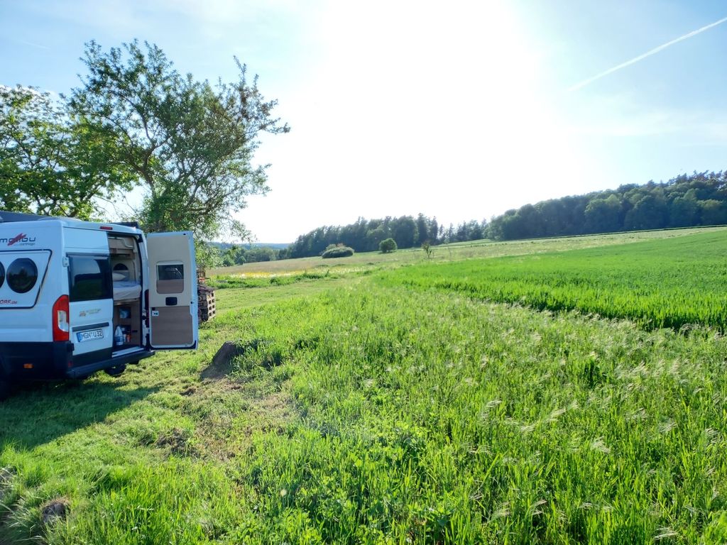 Wiesenstellplatz umgeben von Wald und Feld
