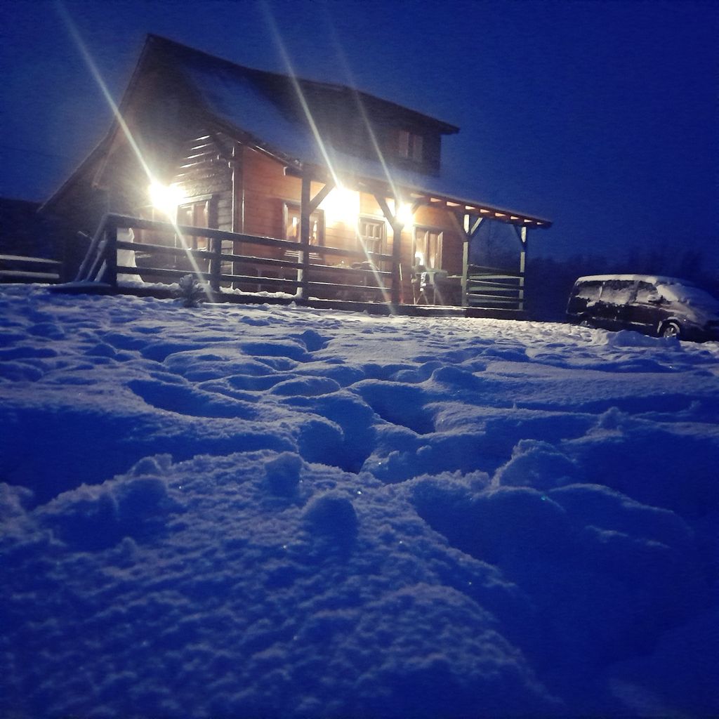 Cabaña de madera al borde del bosque cerca de la costa del mar Báltico