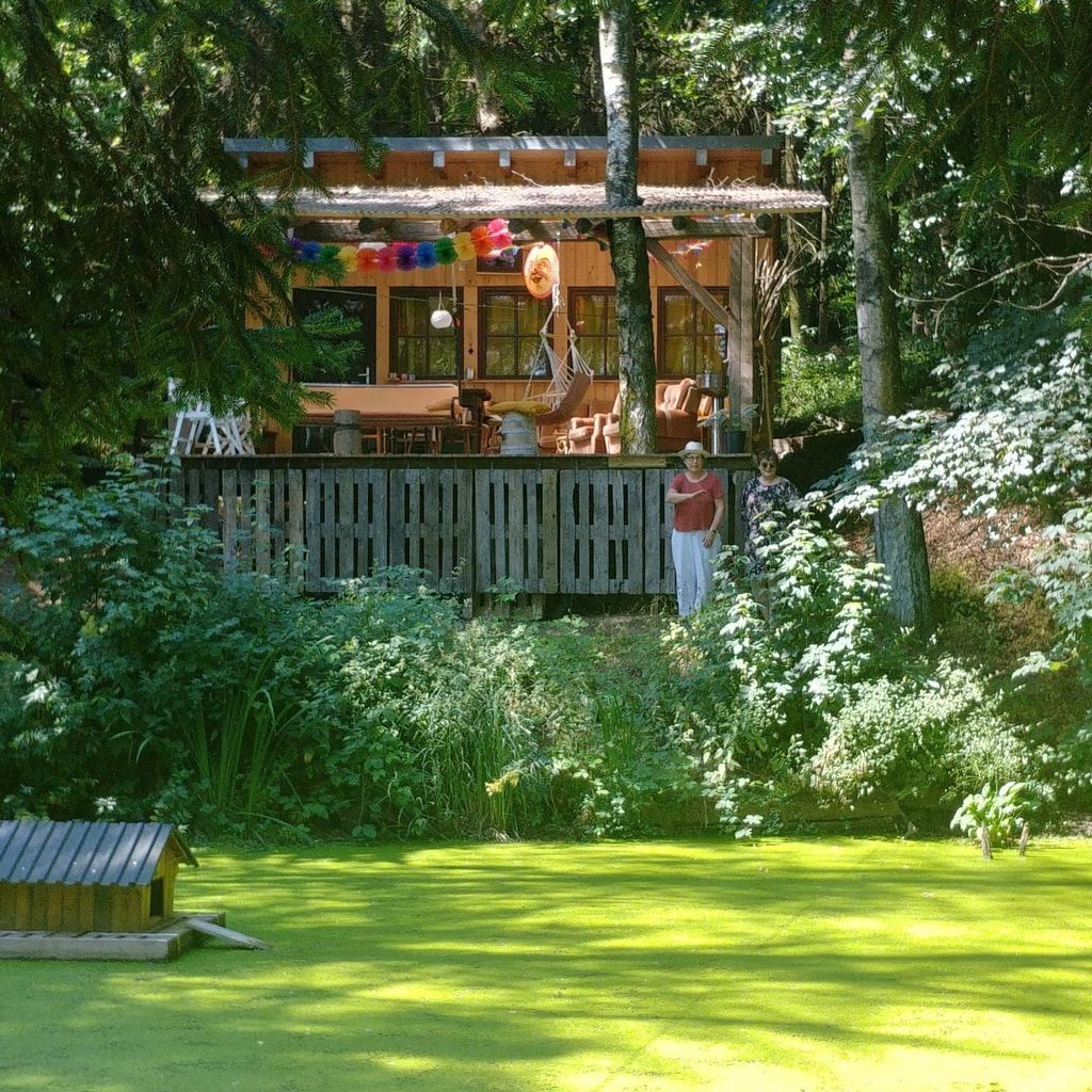 Cabin in forest with pond