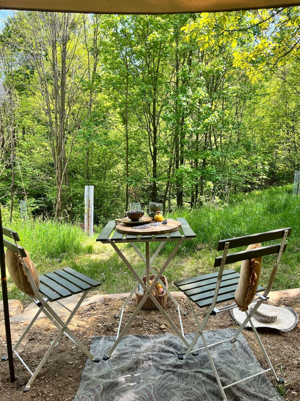 Tienda de glamping autosuficiente en un rincón apartado del bosque