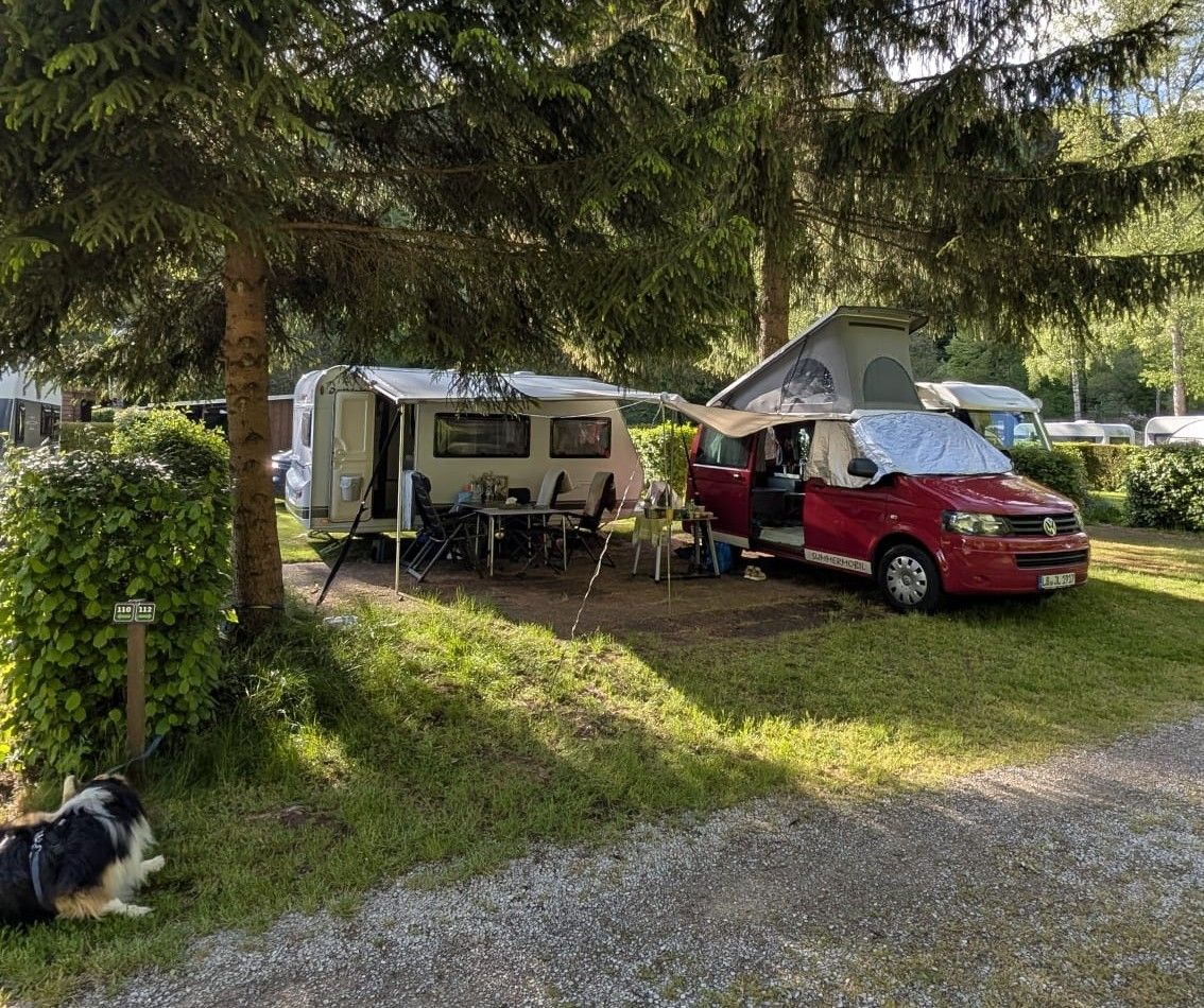 VW Bus mit Wohnwagen