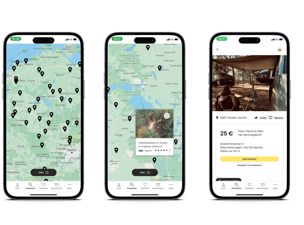 Camping App in's Hinterland: Buchungsschritte werden auf einem Handy Bildschirm veranschaulicht