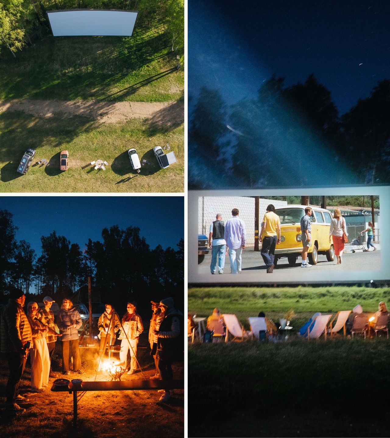 Collage mit Bildern, die eine Übernachtung im Autokino zeigen