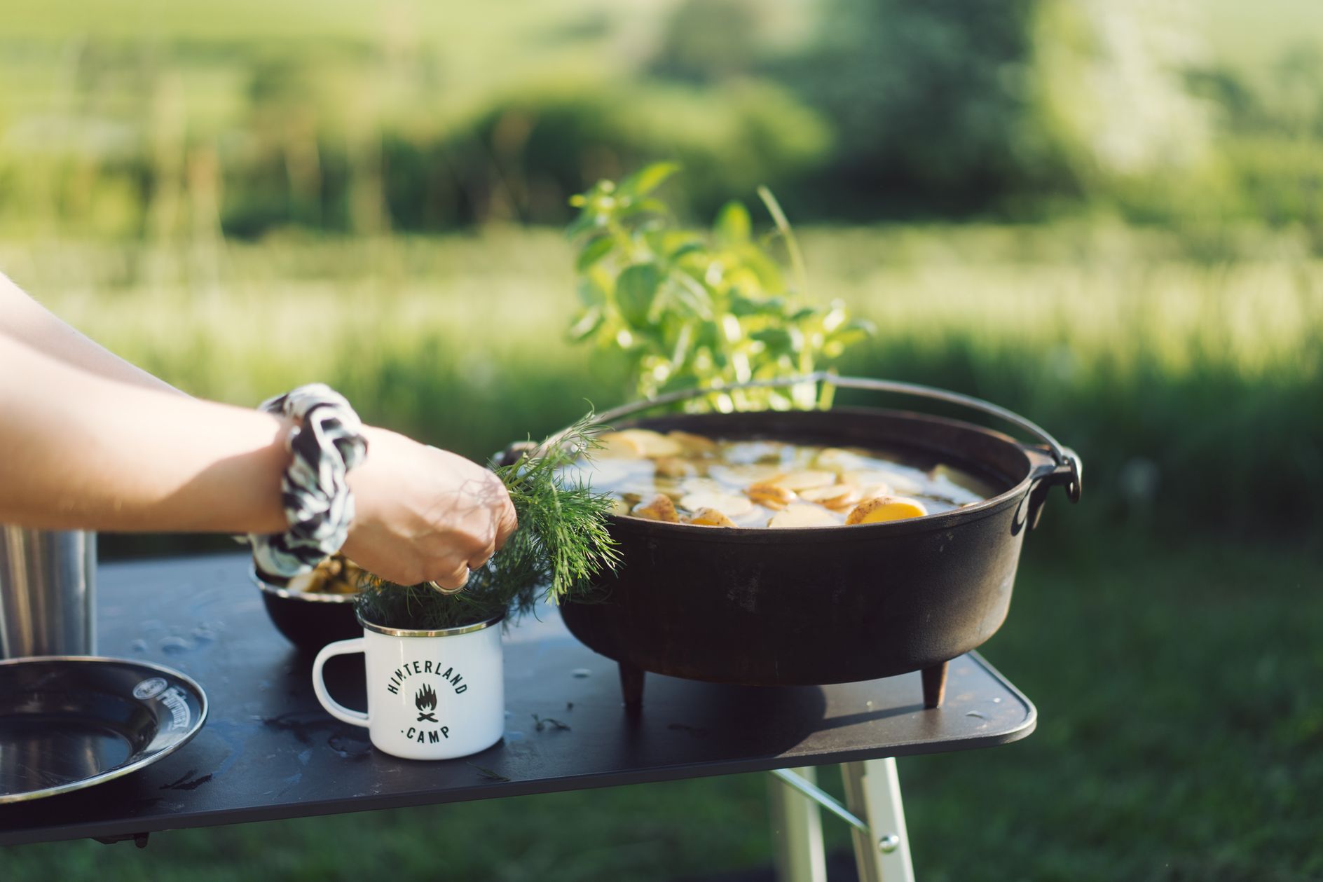 Man sieht eine Hand in Nahaufnahme, die etwas frischen Dill in eine Schale rupft. Im Hintergrund steht ein Campingtisch, darauf ein Topf mit Kartoffeln.