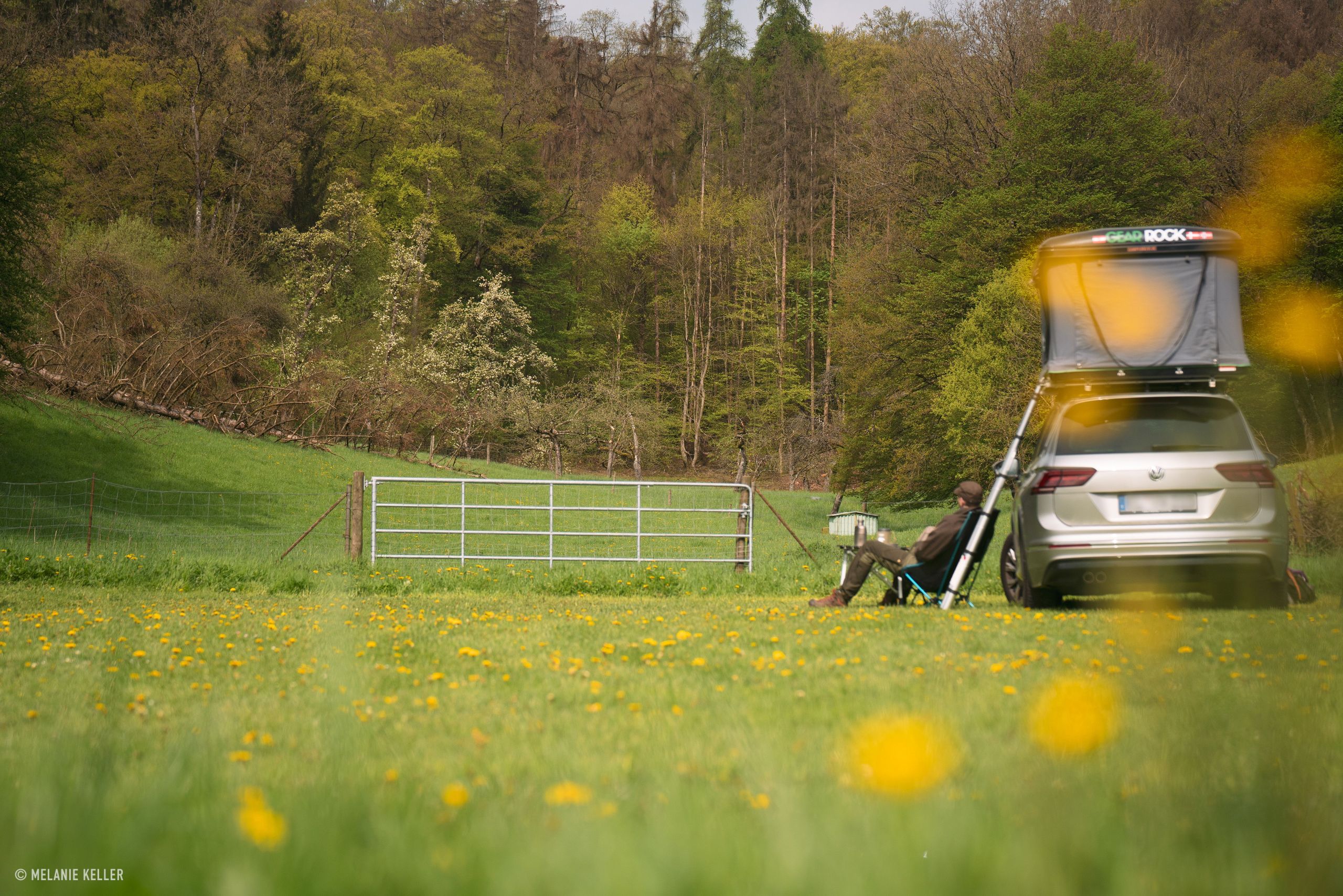 Auto mit Dachzelt steht auf einer Blumenwiese, auf einem Hinterland Camping Stellplatz in Alleinlage