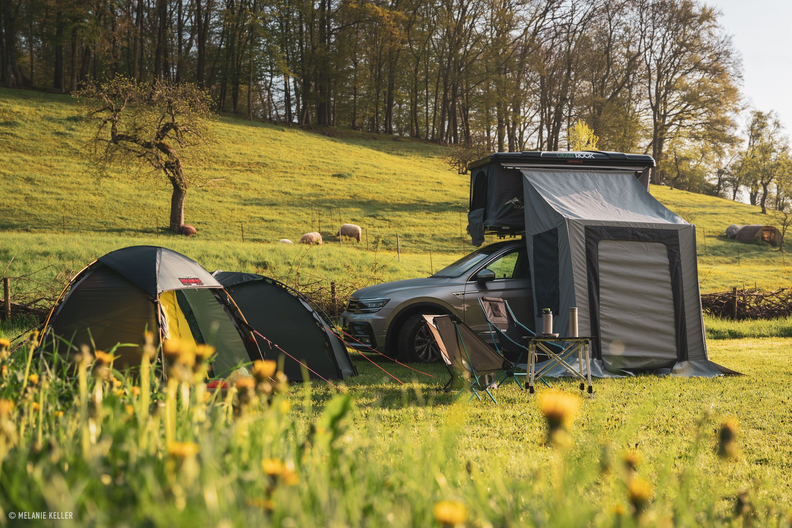 Camper / Auto mit Dachzelt steht auf einer grünen Wiese mit Blumen, es ist ein Camping Stellplatz von hinterland.camp in Alleinlage