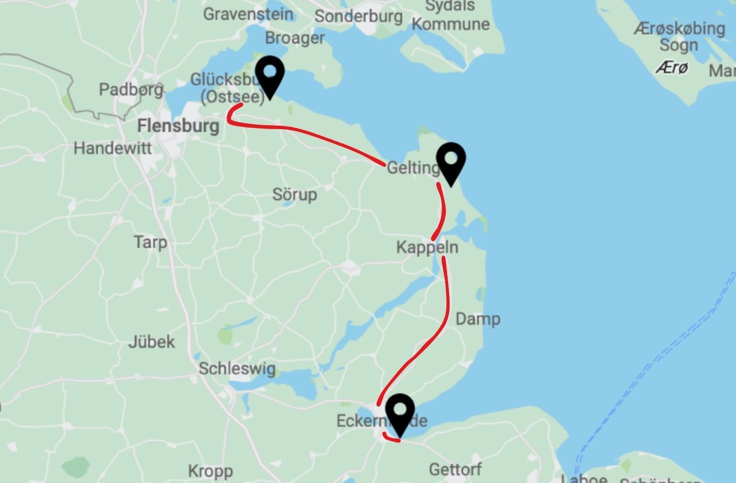 Ostsee-Roadtrip als Vorschau der Stopps auf einer Karte