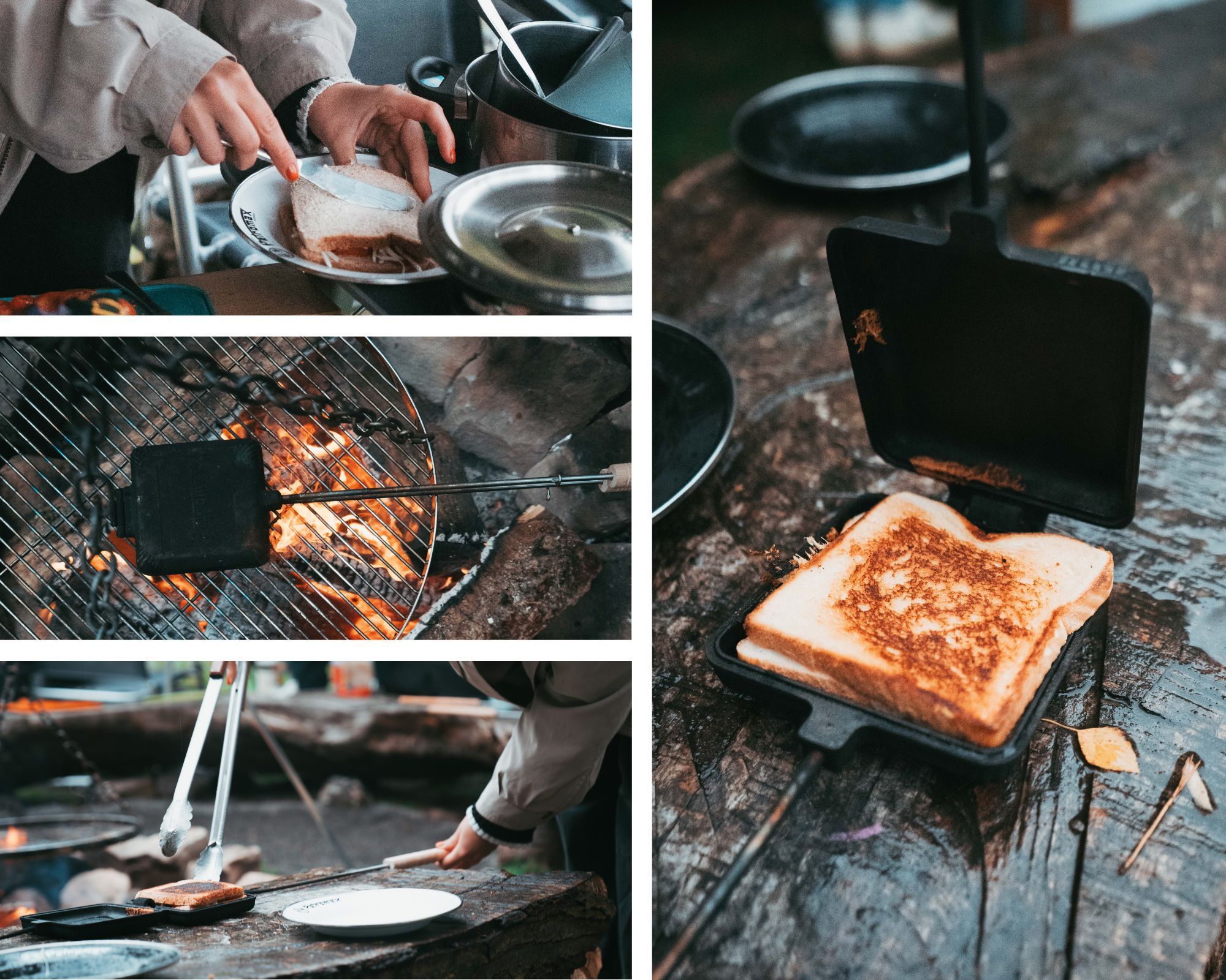 Collage aus Bildern, die zeigen, wie ein Lagerfeuer-Sandwich zubereitet wird.