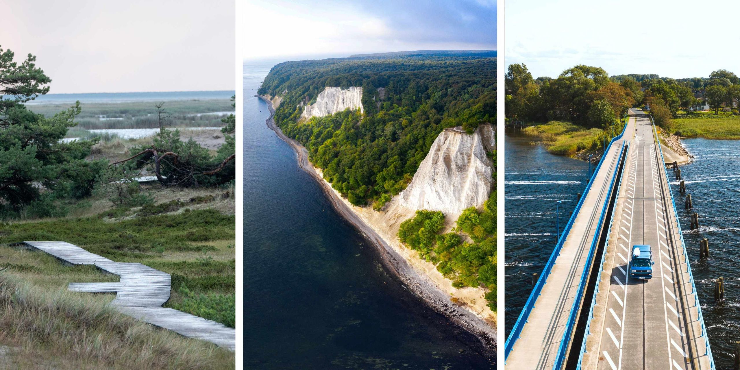 Collage von den Highlights Rügens mit den Kriedefelsen, einer Brücke und einem Wanderweg