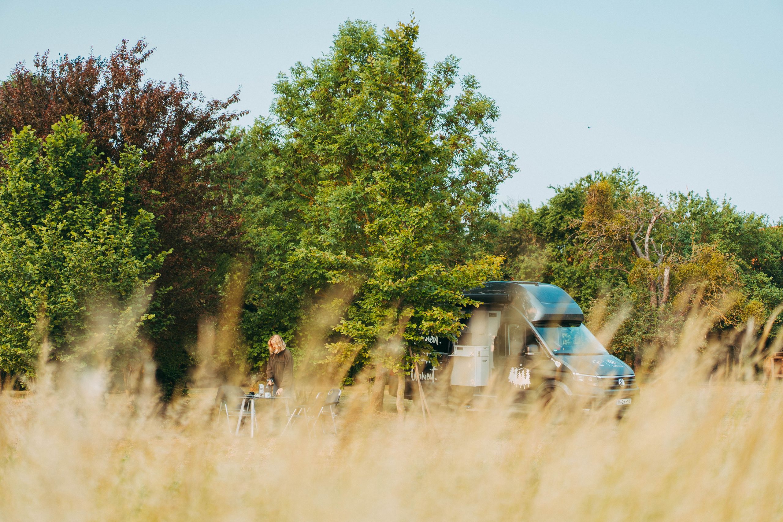Van steht auf einer Wiese im hohen Gras auf einem privaten Camping und Wohnmobil Stellplatz