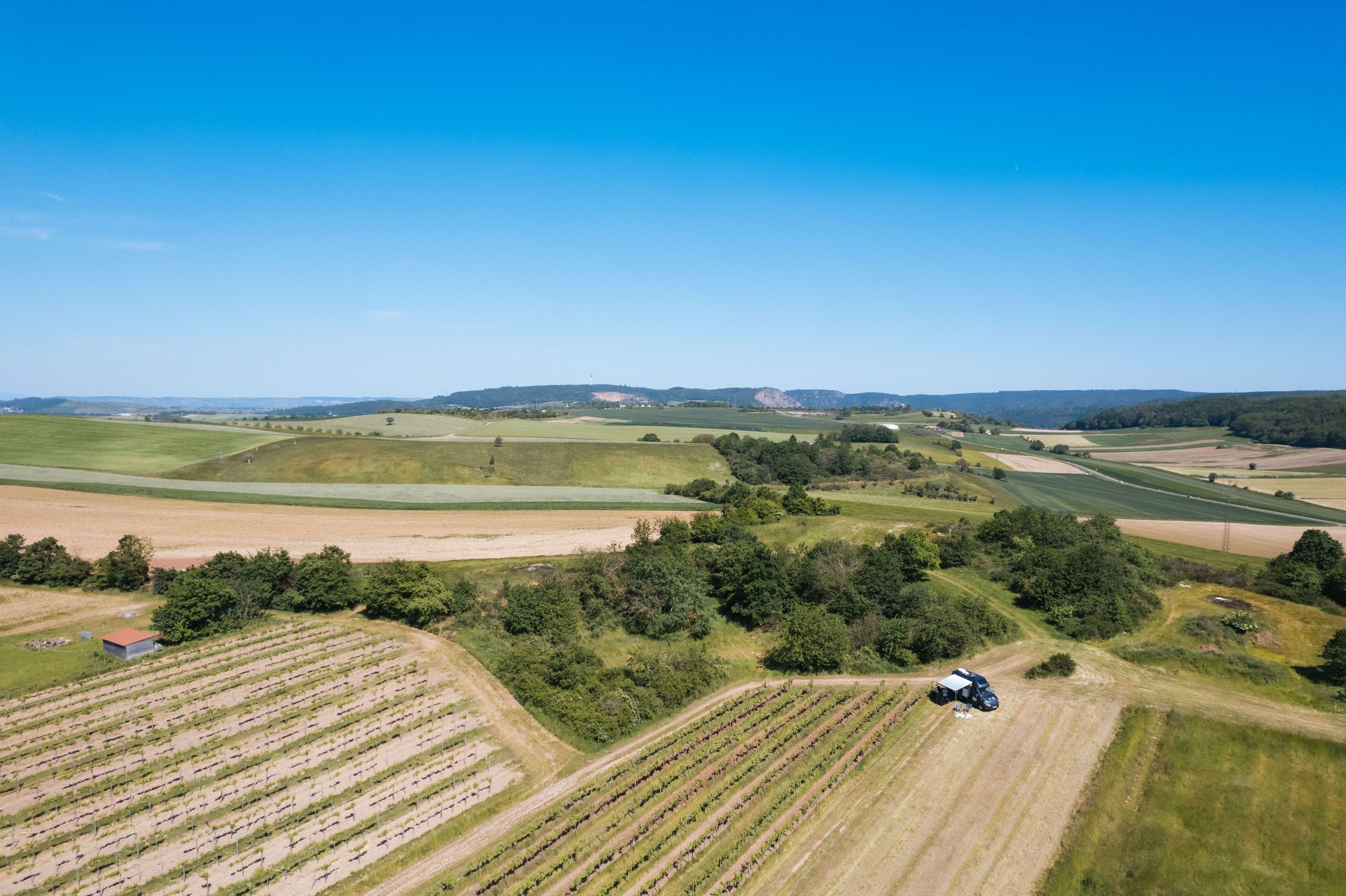 Naturcamping Stellplatz in Alleinlage neben den Weinreben eines Weinguts von privat. Es handelt sich um einen buchbaren Stellplatz von hinterland.camp.