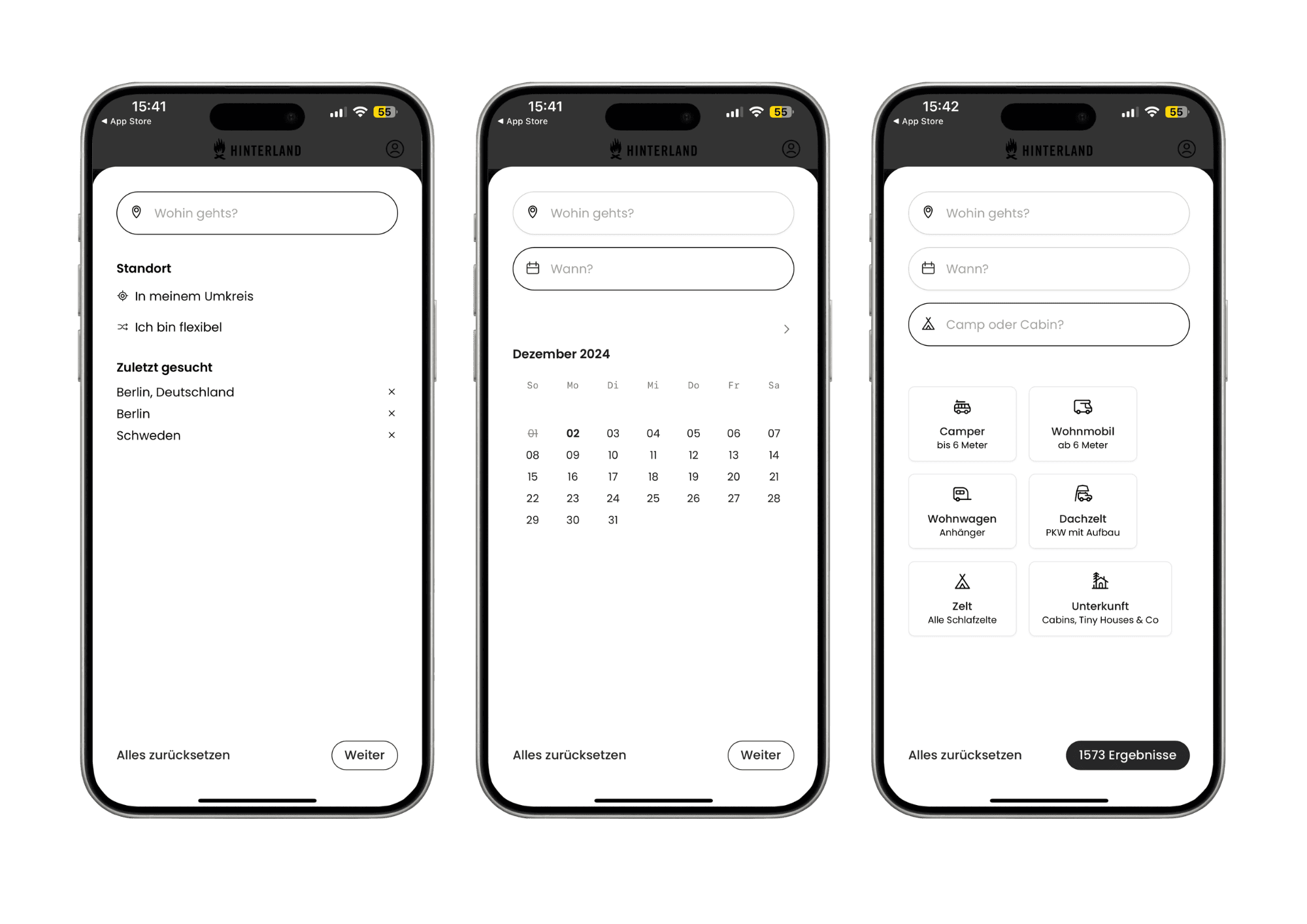 3 Screenshots von der Hinterland-App, die zeigen, wie man einen schönen Camping-Stellplatz findet