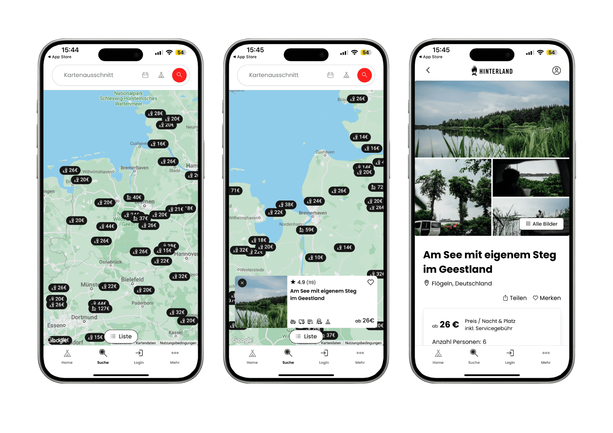 Screenshots von der Hinterland-App, die zeigen, wie man auf der Karte einen schönen Camping-Stellplatz finden kann.