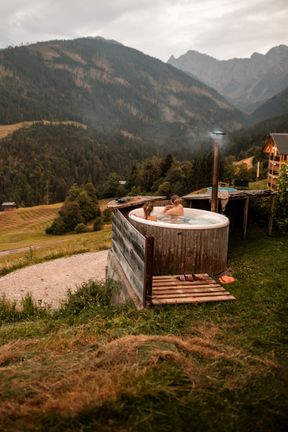 Hot tub with a mountain view