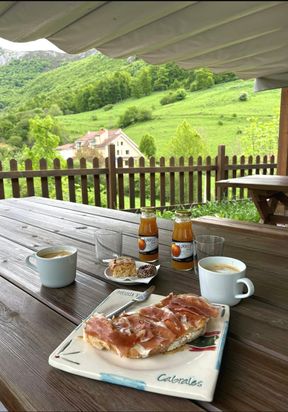 Frühstück auf der Terrasse mit Blick auf die Berge