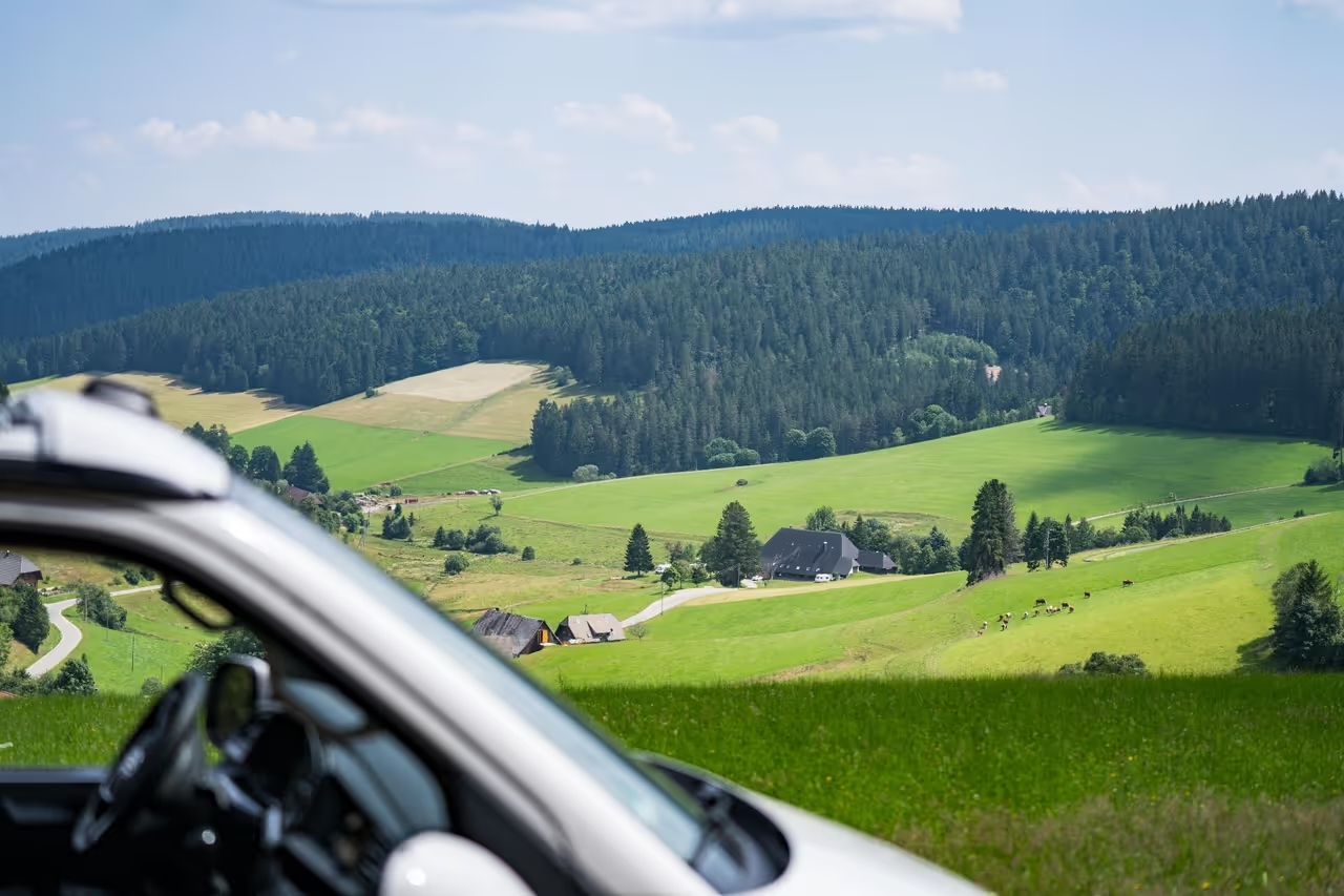 Camper steht auf einem Stellplatz beim Camping-Münstertal mitten in der Natur und in Alleinlage mit einem schönen Blick aufs Tal. Den Stellplatz kann man über hinterland.camp buchen.