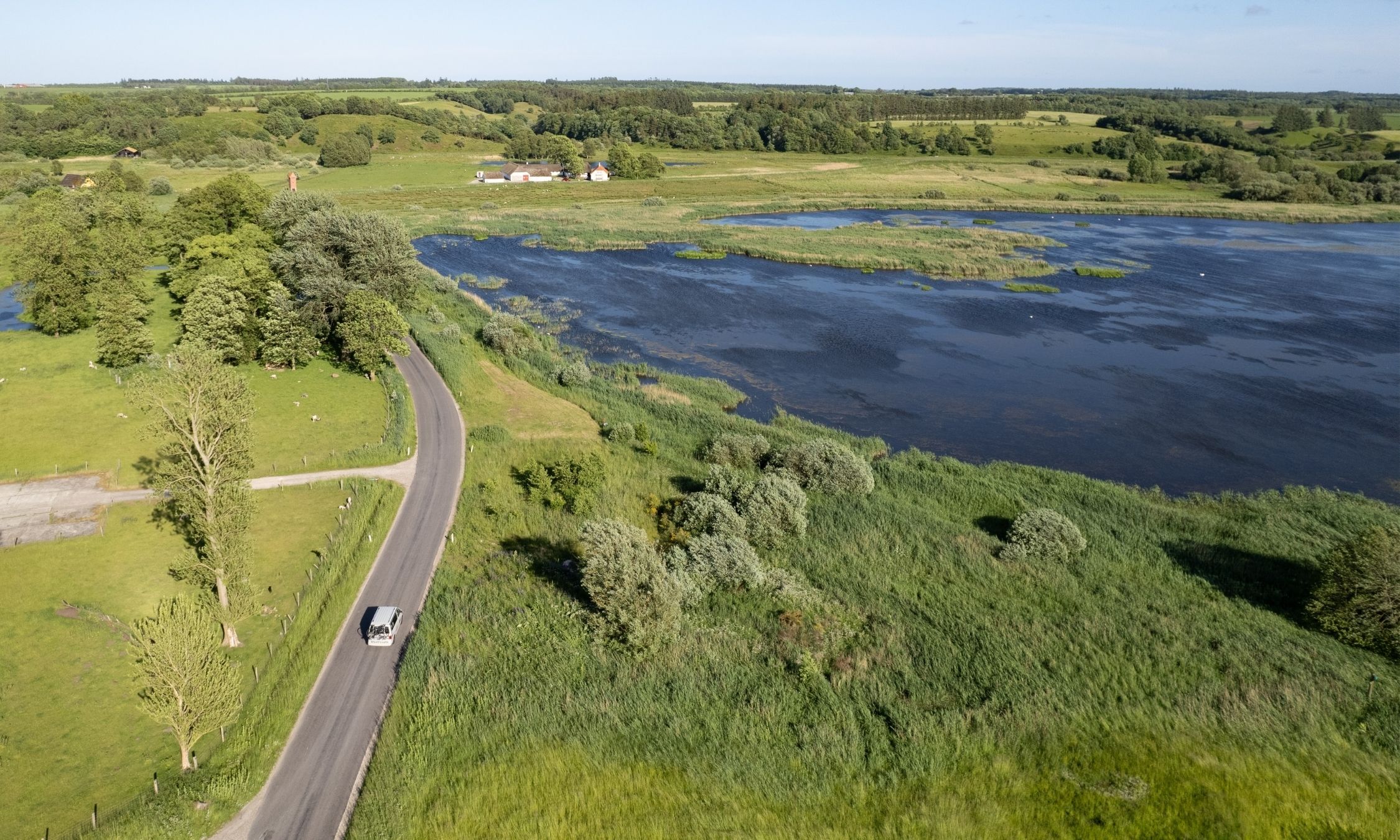 Ein Van fährt durch Dänemark entlang einer Landstraße und an einem See vorbei.