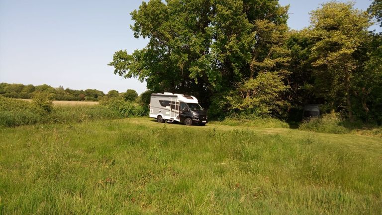 Camper steht versteckt hinter einigen Bäumen in der Nähe der Ostsee auf einem Stellplatz von hinterland.camp