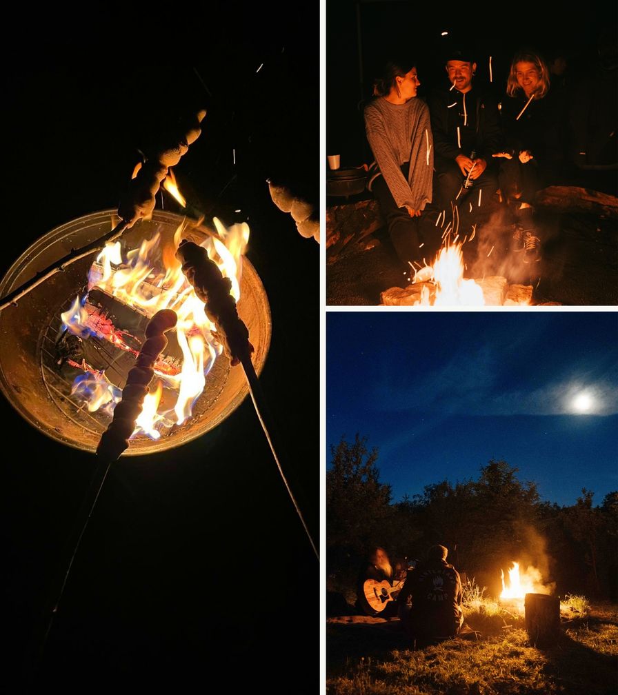Collage mit drei Bildern, die Stockbrot am Lagerfeuer zeigen