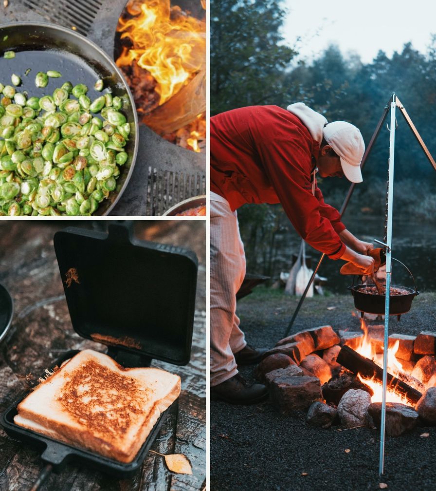 Collage mit drei Bildern, die Lagerfeuer-Rezepte zeigen. Man erkennt Rosenkohl, ein Sandwich und einen Mann, der etwas in einem Topf zubereitet.