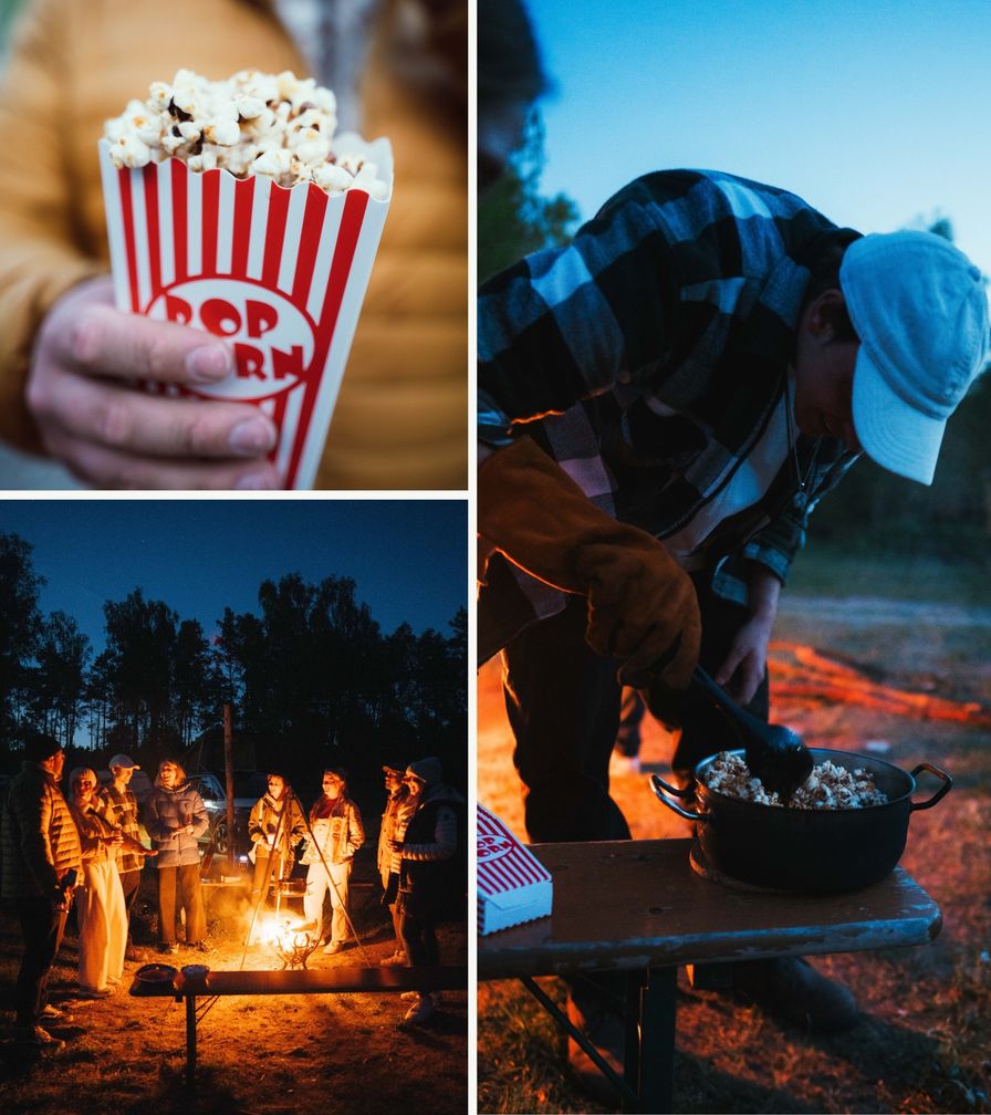 Collage mit drei Bildern, die zeigen, wie man Popcorn über dem Lagerfeuer zubereitet