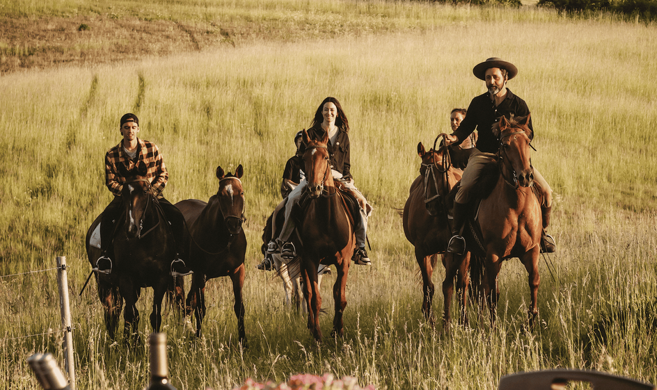 6 Pferde auf einer Weide, 4 mit Personen auf dem Rücken